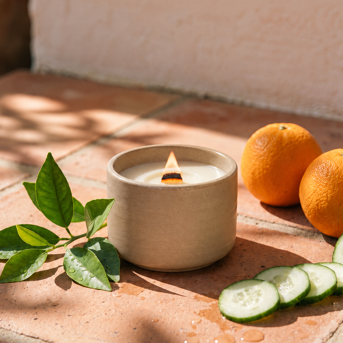 Bougie Séville orange espagnole et concombre, rechargeable, cire de coco, fait au Québec