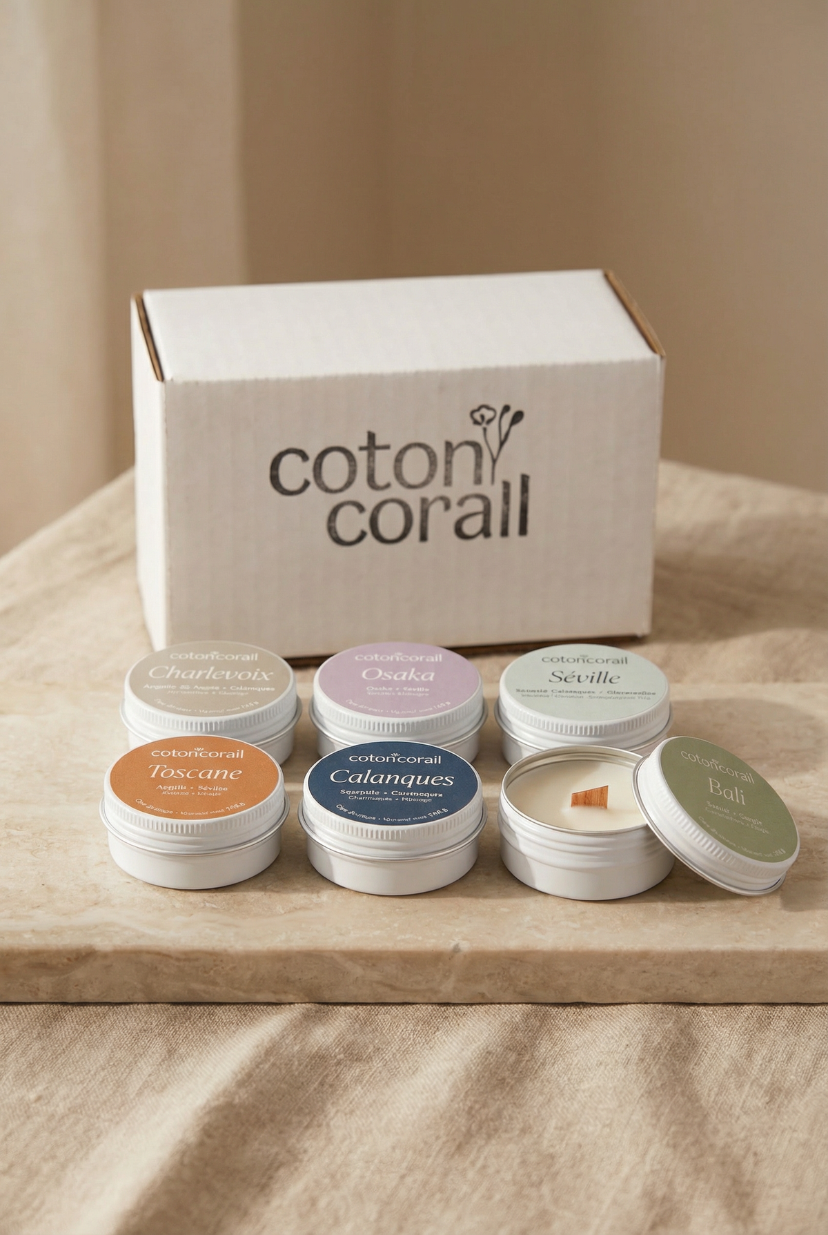 Kit découverte coton corail - 6 mini bougies parfumées cire de coco et meche en bois fait au quebec