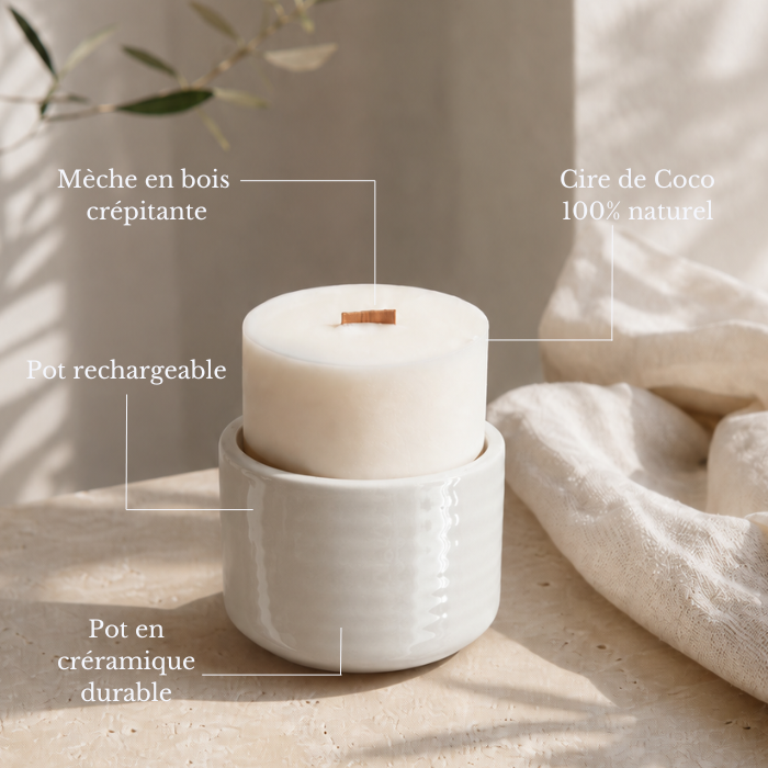 Bougie Rechargeable - Cire de Coco - Mèche en bois crépitante - Pot en céramique - Fait à Montréal.