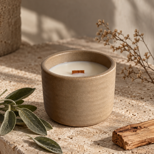 Bougie artisanale rechargeable Sauge Santal. Fait au Quebec