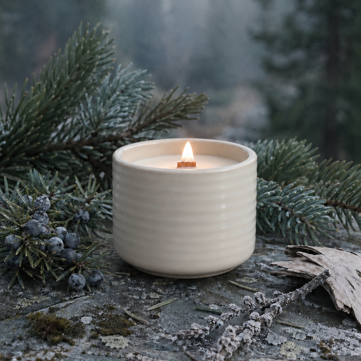 Bougie artisanale parfumée - Sapin Épinette- Fait main - céramique - Rechargeable - Cire de Coco - Mèche en bois
