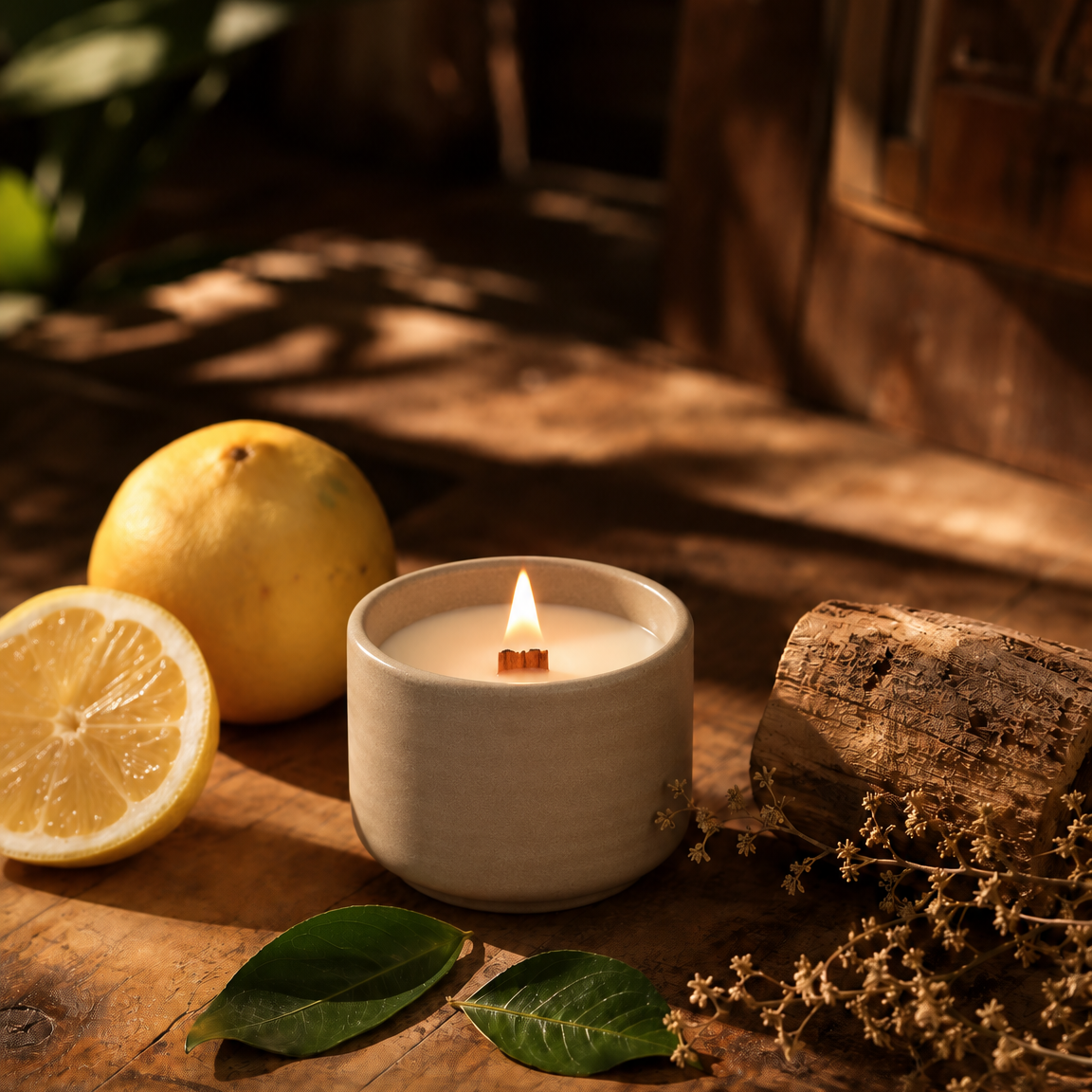 Bougie artisanale parfumée - Citron Teck - Fait main - céramique - Rechargeable - Cire de Coco - Mèche en bois
