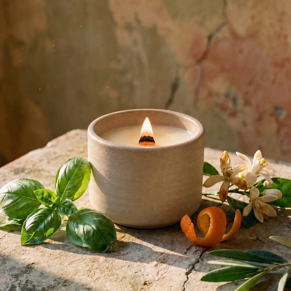 Bougie artisanale parfumée - Basilic Neroli - Fait main - céramique - Rechargeable - Cire de Coco - Mèche en bois
