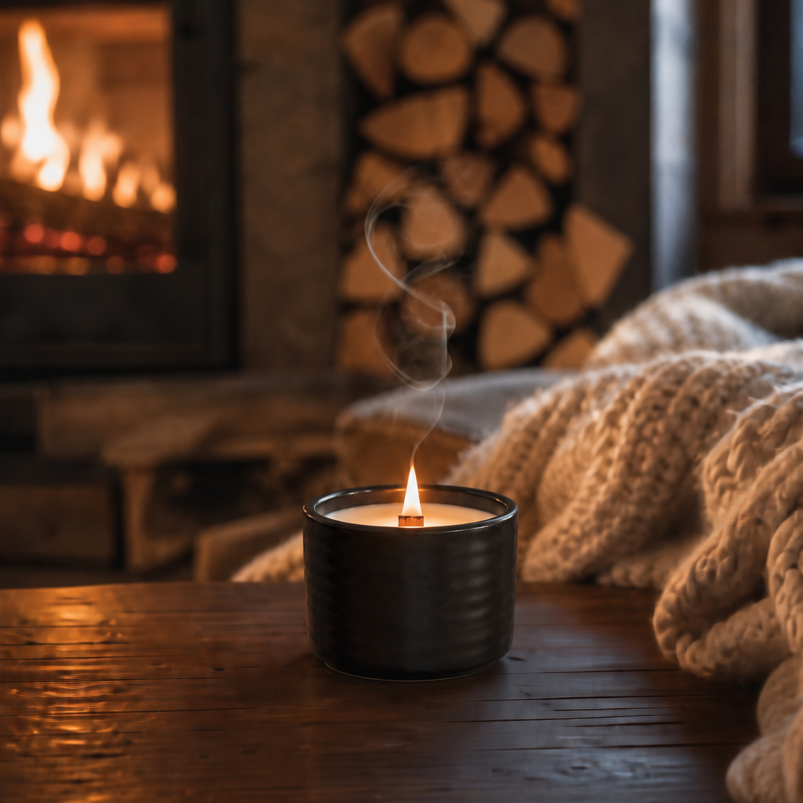 Bougie artisanale parfumée - Feu de bois - Fait main - céramique - Rechargeable - Cire de Coco - Mèche en bois
