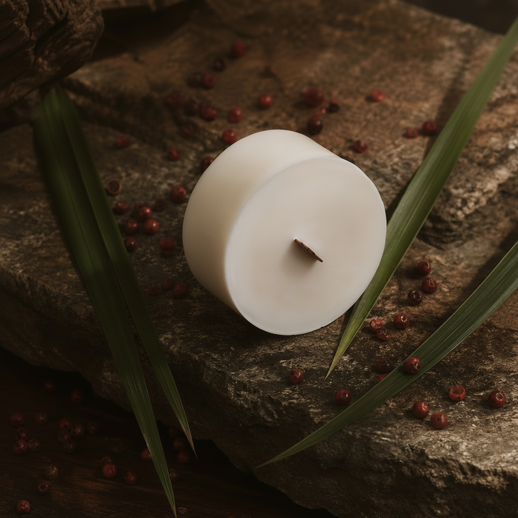 Recharge bougie parfumée Poivre rose vetiver. Artisanal fait au quebec.